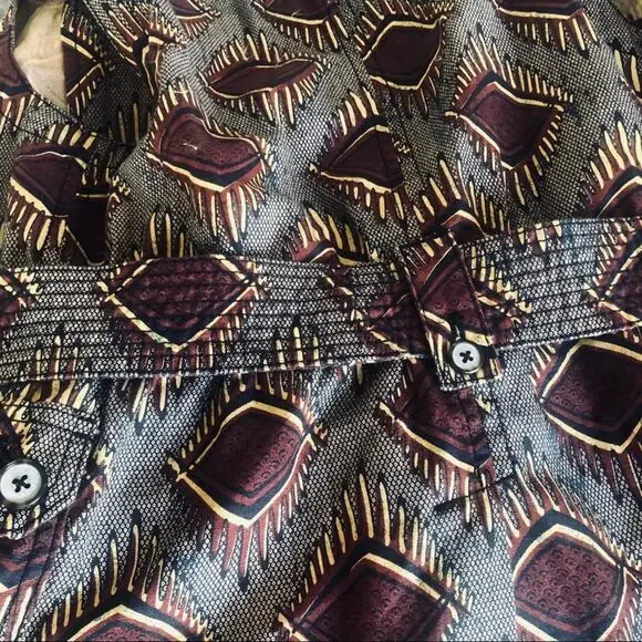 ANTHROPOLOGIE ELEVENSES Tribal Geometric Print Maroon Gold Belted Button Vest XS - Picture 6 of 11